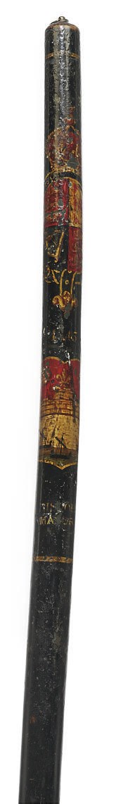 A VICTORIAN PAINTED WOOD HIGH CONSTABLE'S LONG STAVE DECORATED WITH THE TOWN ARMS OF CAMBRIDGE