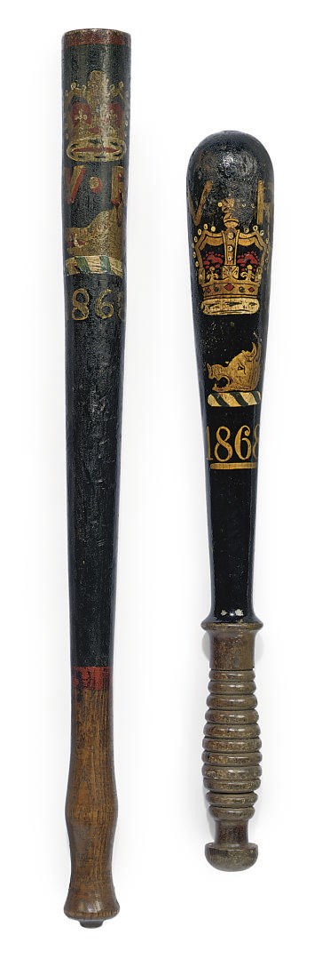 TWO VICTORIAN PAINTED WOOD TRUNCHEONS FOR BRADFORD