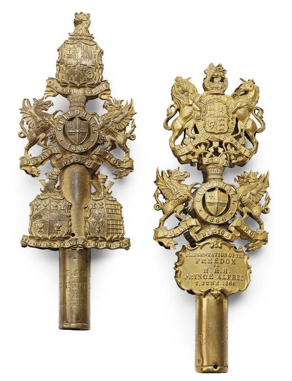 TWO VICTORIAN GILT BRASS TIPSTAFF HEADS