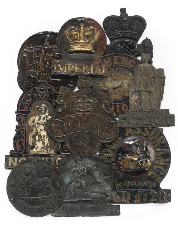 A COLLECTION OF TEN LEAD, COPPER AND TINNED IRON FIRE MARKS