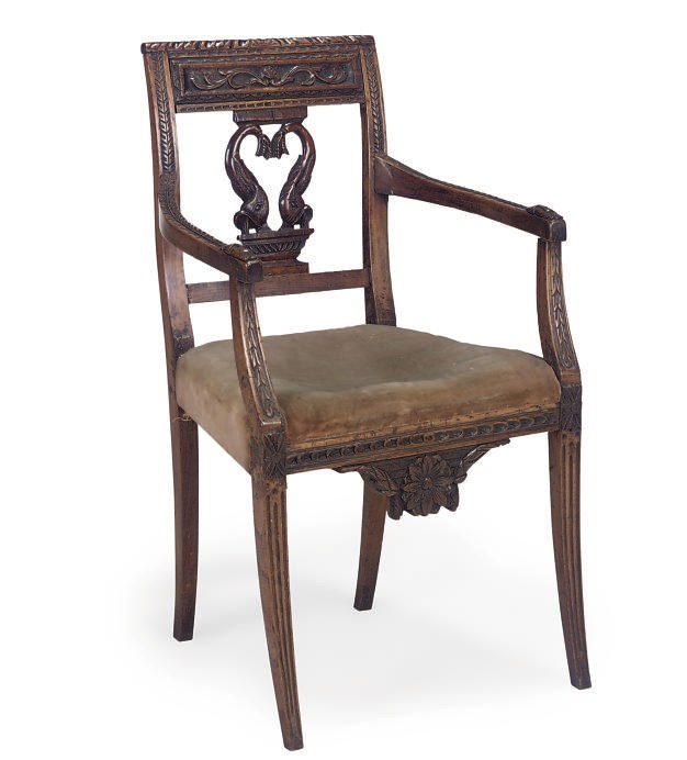 AN ITALIAN FRUITWOOD OPEN ARMCHAIR