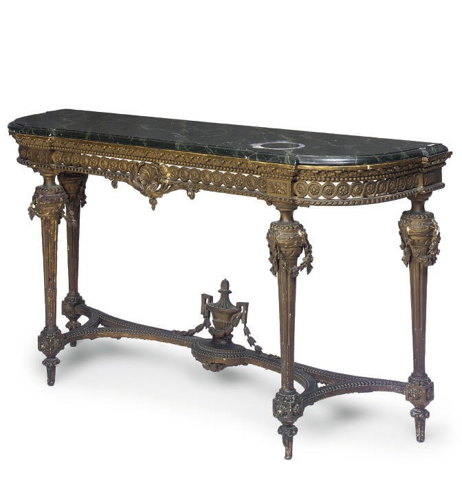 A GILTWOOD AND PAINTED MARBLE MOUNTED CONSOLE TABLE