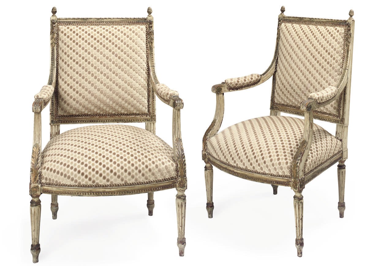 A PAIR OF GILT-HEIGHTENED AND GREY PAINTED FAUTEUILS