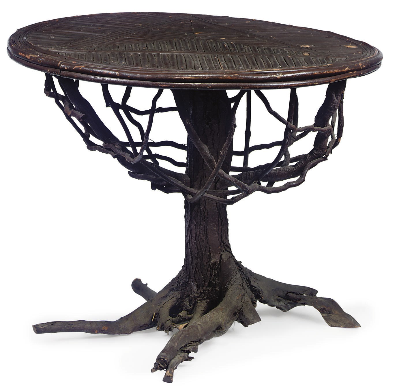A RUSTIC CIRUCLUAR TABLE AND ROCKING CHAIR