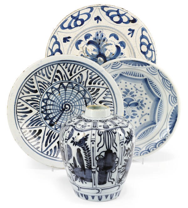 A DUTCH DELFT BLUE AND WHITE BALUSTER VASE, AND THREE CONTINENTAL FAIENCE DISHES