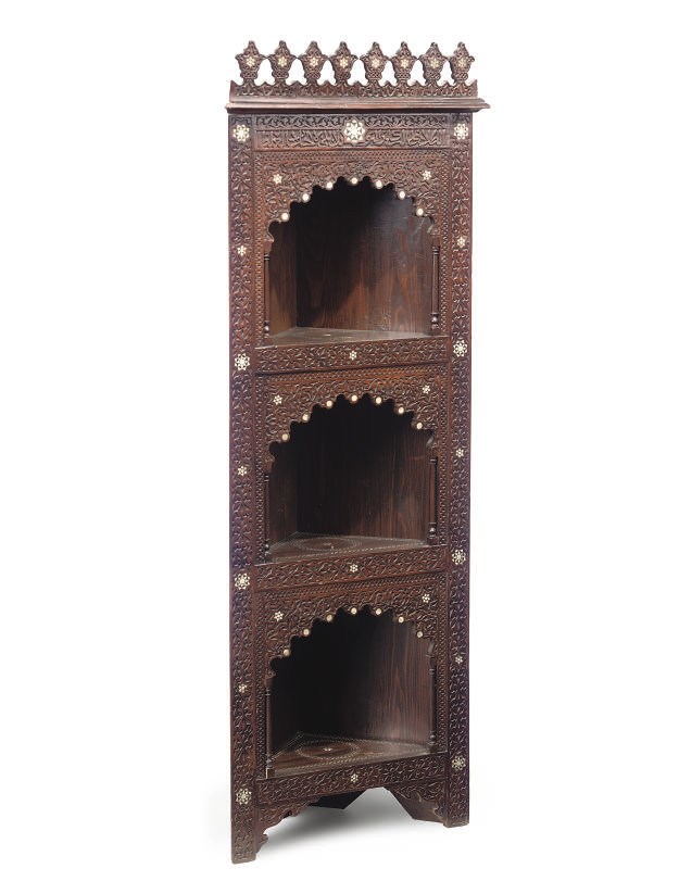 A DAMASCUS MOTHER-OF-PEARL INLAID STANDING CORNER CUPBOARD