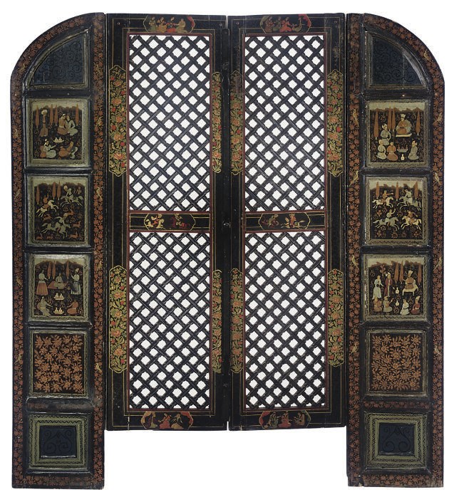 A KASHMIRI PAINTED FOUR FOLD SCREEN