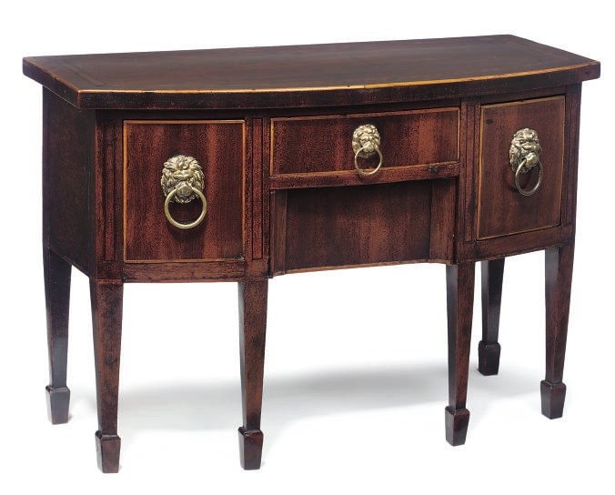 A REGENCY MINIATURE MAHOGANY AND BOXWOOD LINED SIDEBOARD