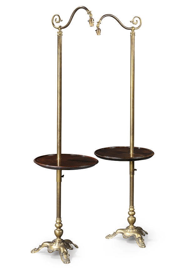 A PAIR OF ENGLISH BRASS AND MAHOGANY STANDARD LAMPS