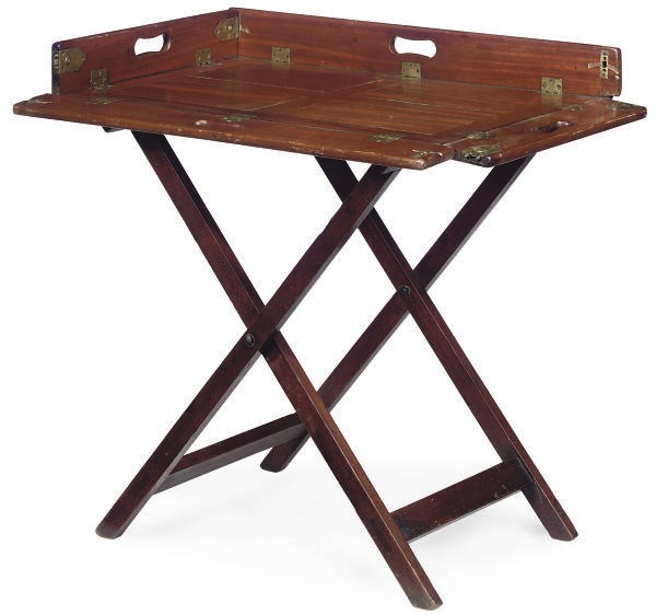 A VICTORIAN MAHOGANY CAMPAIGN BUTLER'S TRAY ON STAND