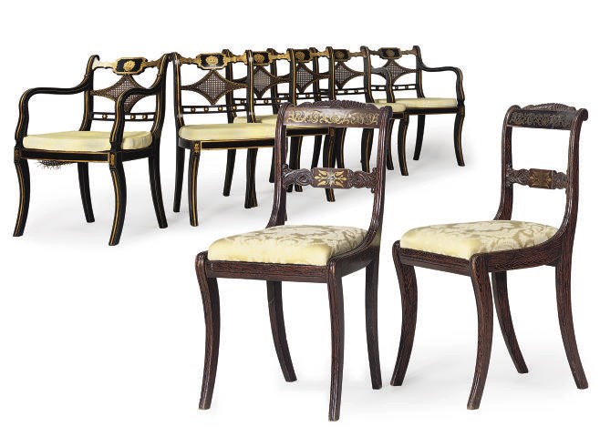 A SET OF SIX EBONISED AND DECORATED DINING CHAIRS