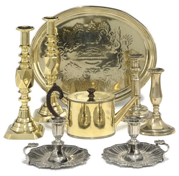 A COLLECTION OF NICKEL ALLOY CANDLESTICKS AND OTHER ITEMS