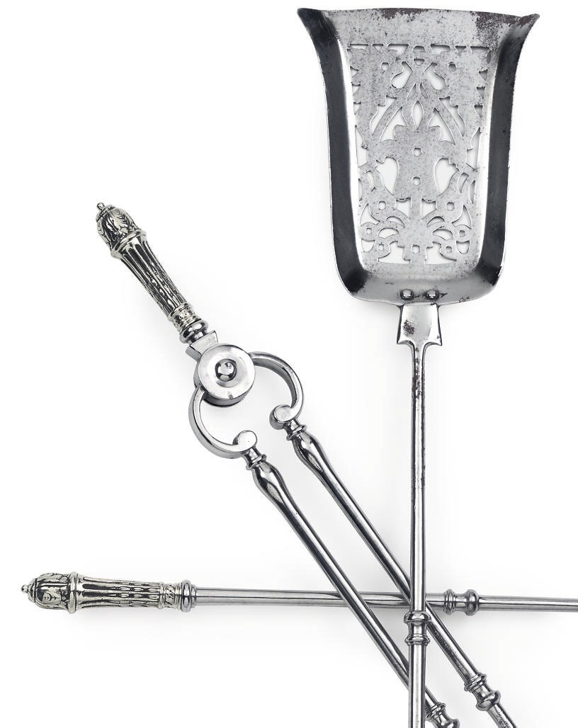 A SET OF THREE ENGLISH STEEL FIRE TOOLS WITH NICKEL HANDLES