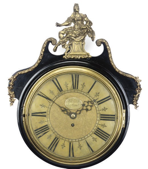 An English brass-mounted ebonised wall clock