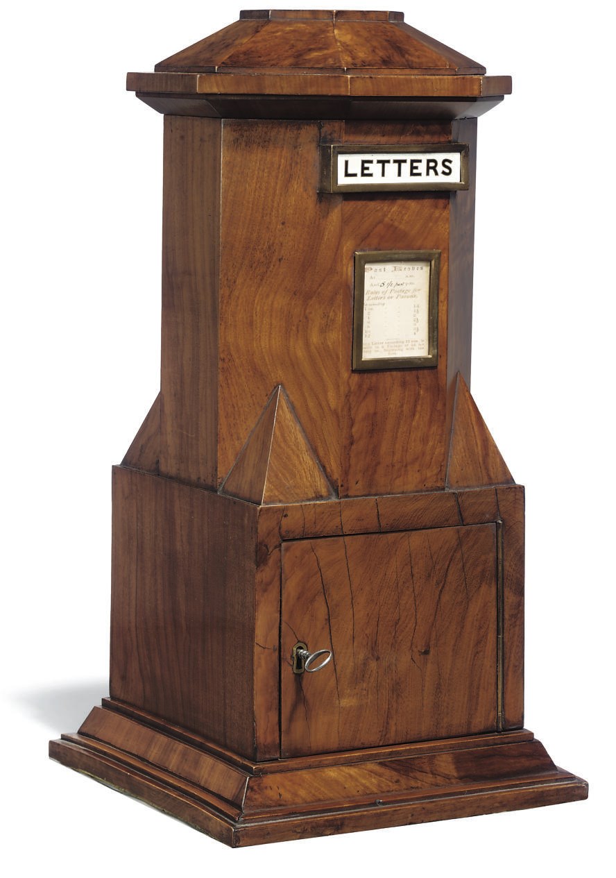 A VICTORIAN WALNUT AND YEW-WOOD TABLE POST-BOX