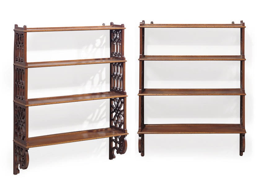 A PAIR OF MAHOGANY FOUR TIER HANGING SHELVES