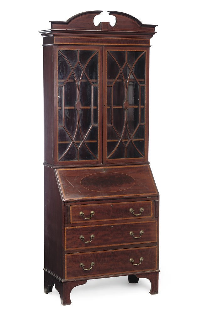 AN EDWARDIAN MAHOGANY AND SATINWOOD BUREAU BOOKCASE