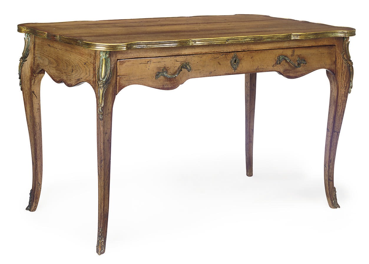 A FRENCH GILT METAL MOUNTED OAK BUREAU PLAT