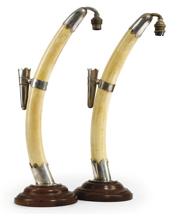 A PAIR OF EDWARDIAN SILVER-MOUNTED IVORY TUSK LAMPS