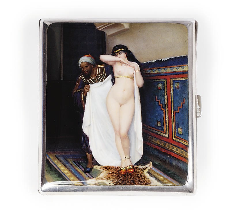 A CONTINENTAL SILVER AND ENAMEL ORIENTALIST CIGARETTE CASE