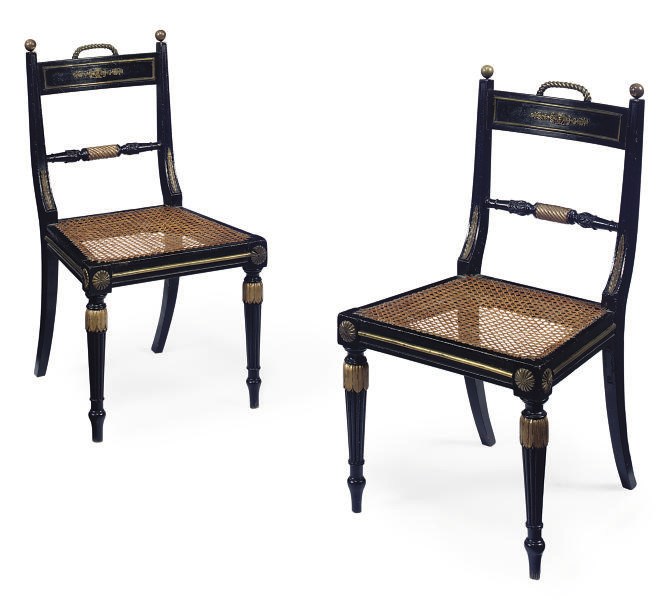 A PAIR OF REGENCY EBONISED AND GILT-METAL MOUNTED SIDE CHAIRS