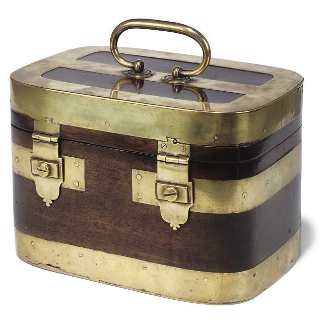 A HARDWOOD AND BRASS BANDED STRONG BOX