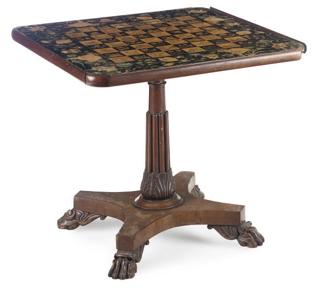 AN EARLY VICTORIAN MAHOGANY AND PENWORK GAMES TABLE