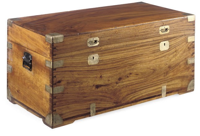 AN ANGLO-COLONIAL CAMPHOR WOOD AND BRASS BOUND CHEST