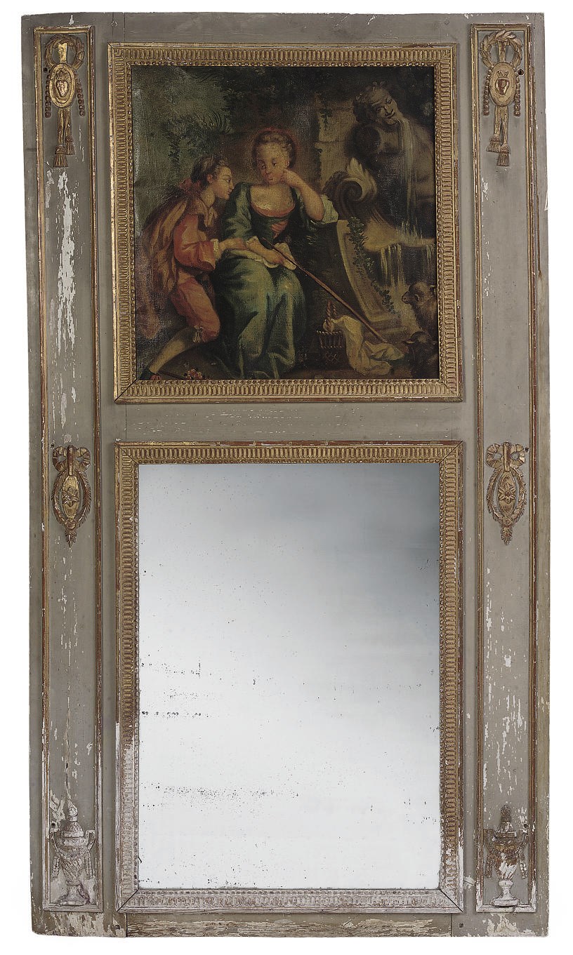 A FRENCH GREY PAINTED AND PARCEL-GILT TRUMEAU MIRROR