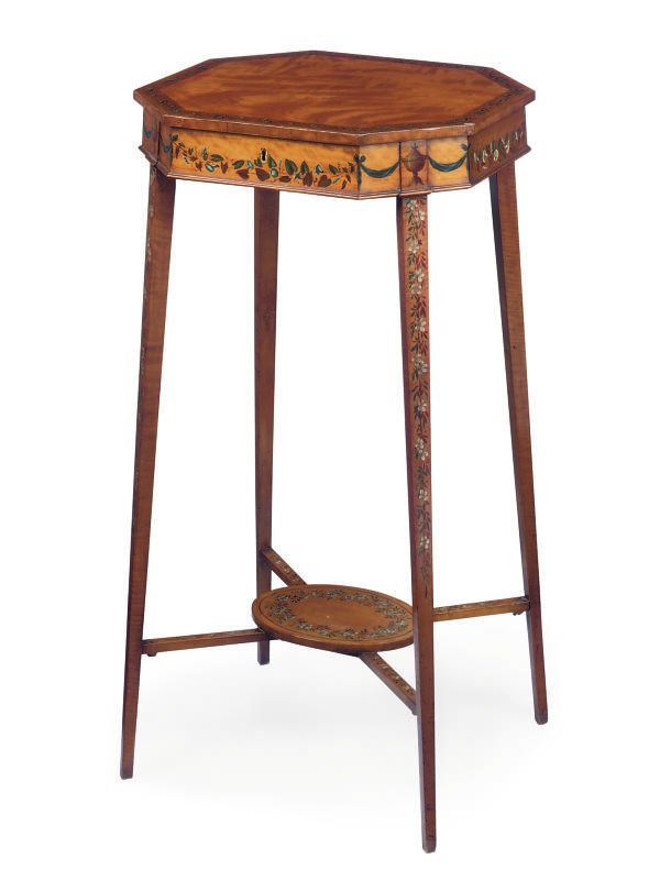 A VICTORIAN SATINWOOD AND POLYCHROME DECORATED WORK TABLE