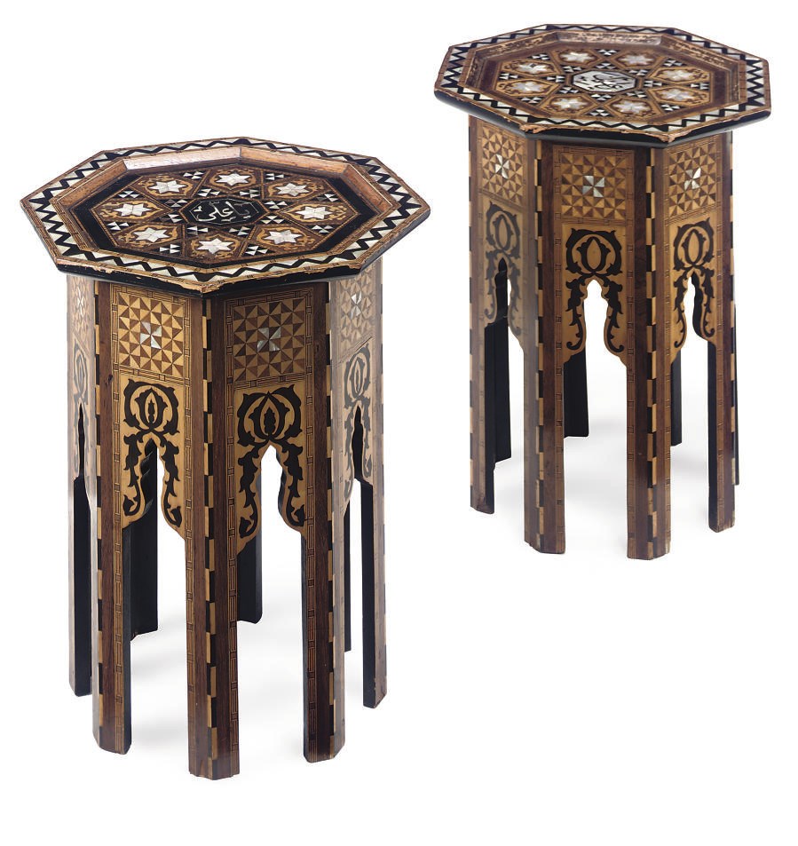 A PAIR OF DAMASCUS HARDWOOD AND MOTHER OF PEARL INLAID OCCASIONAL TABLES