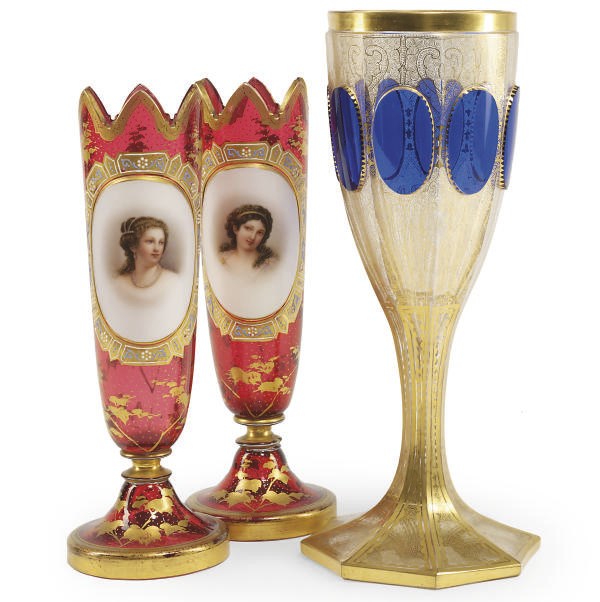 A PAIR OF BOHEMIAN GLASS PORTRAIT VASES AND A GOBLET