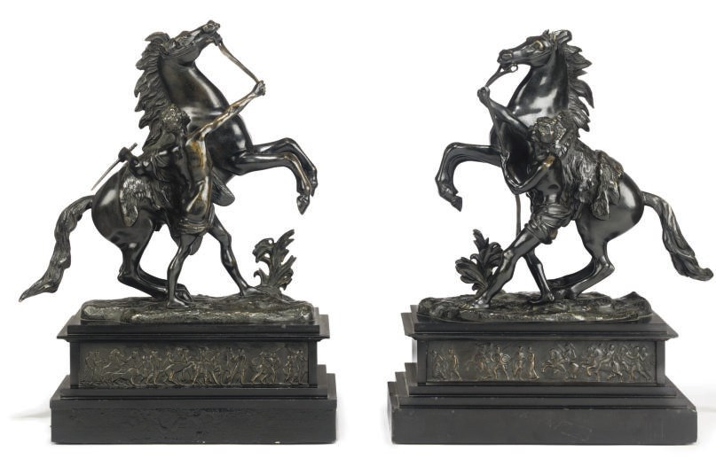 A PAIR OF FRENCH BRONZE 'MARLY' HORSE GROUPS