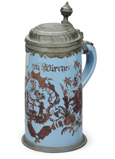 A GERMAN FAYENCE BLUE-GROUND PEWTER-MOUNTED TANKARD