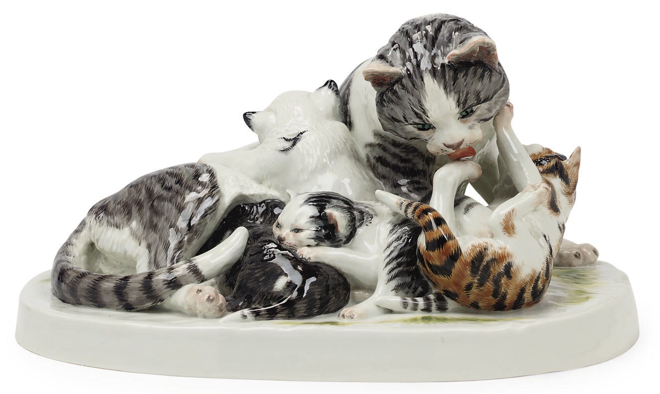 A MEISSEN GROUP OF A CAT AND KITTENS