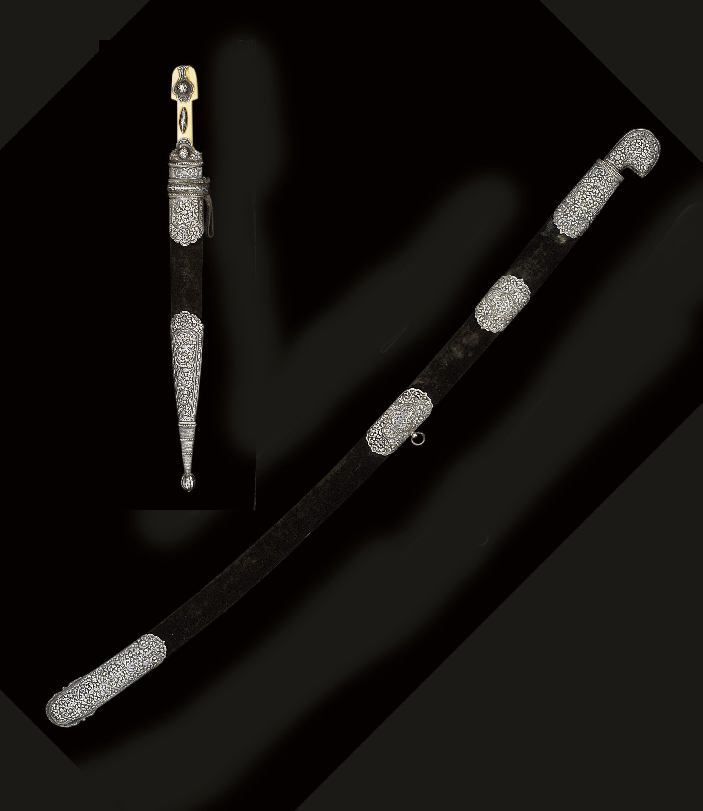A Caucasian silver and niello shashka and a Caucasian silver and niello kinjal