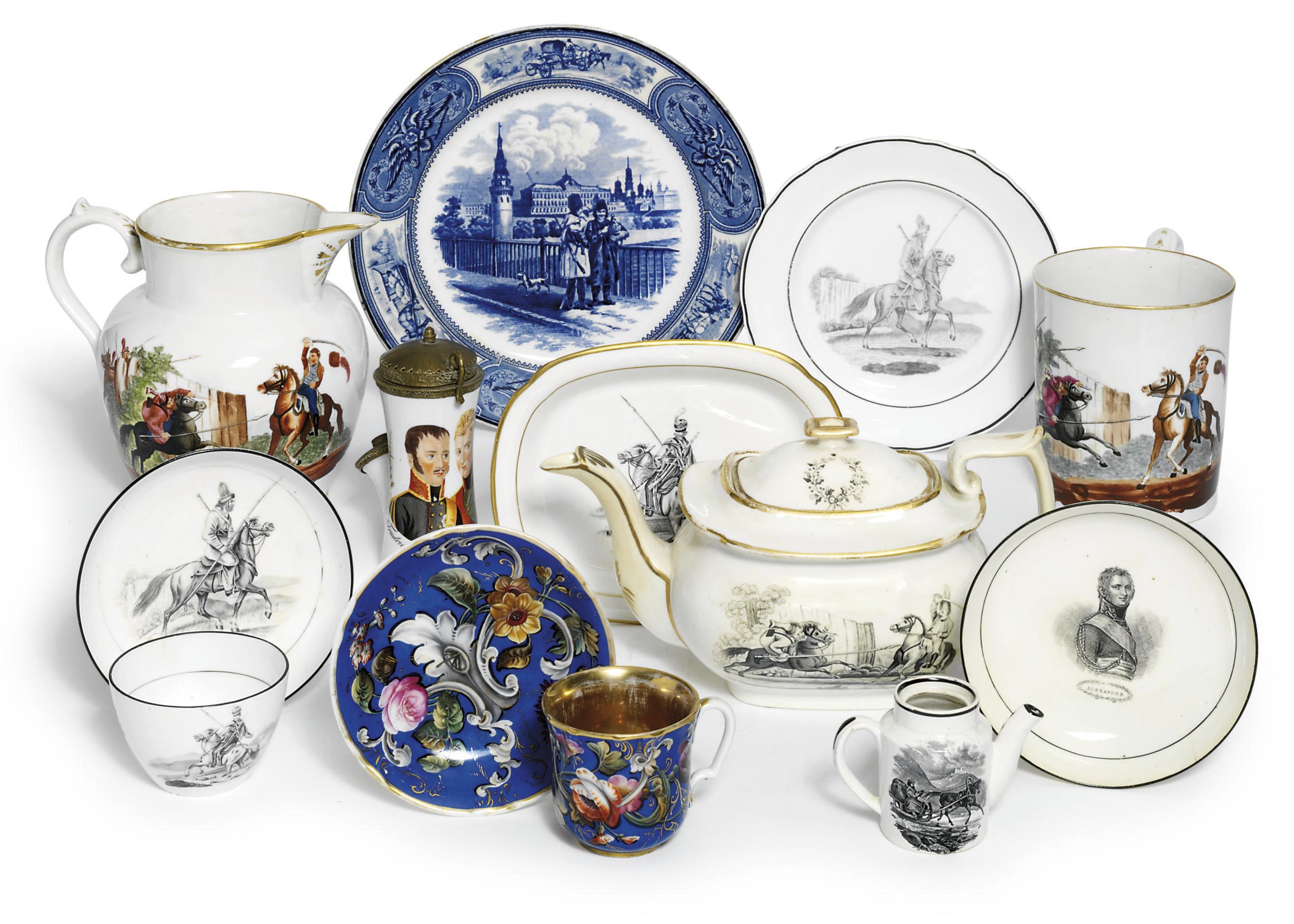 A large ceramic group including a porcelain jug and a large porcelain mug