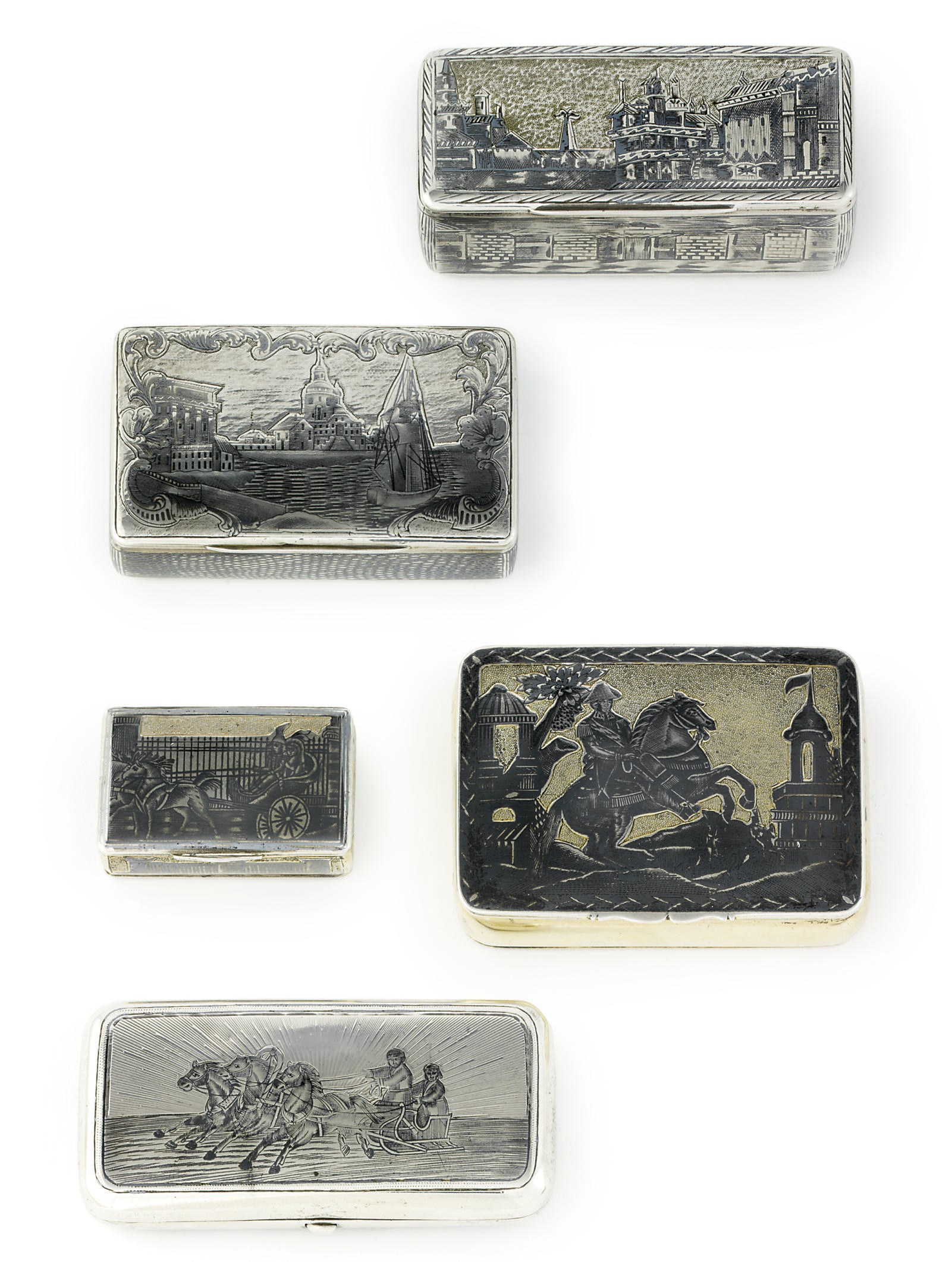 Four parcel-gilt, niello snuff-boxes and a cigarette-case