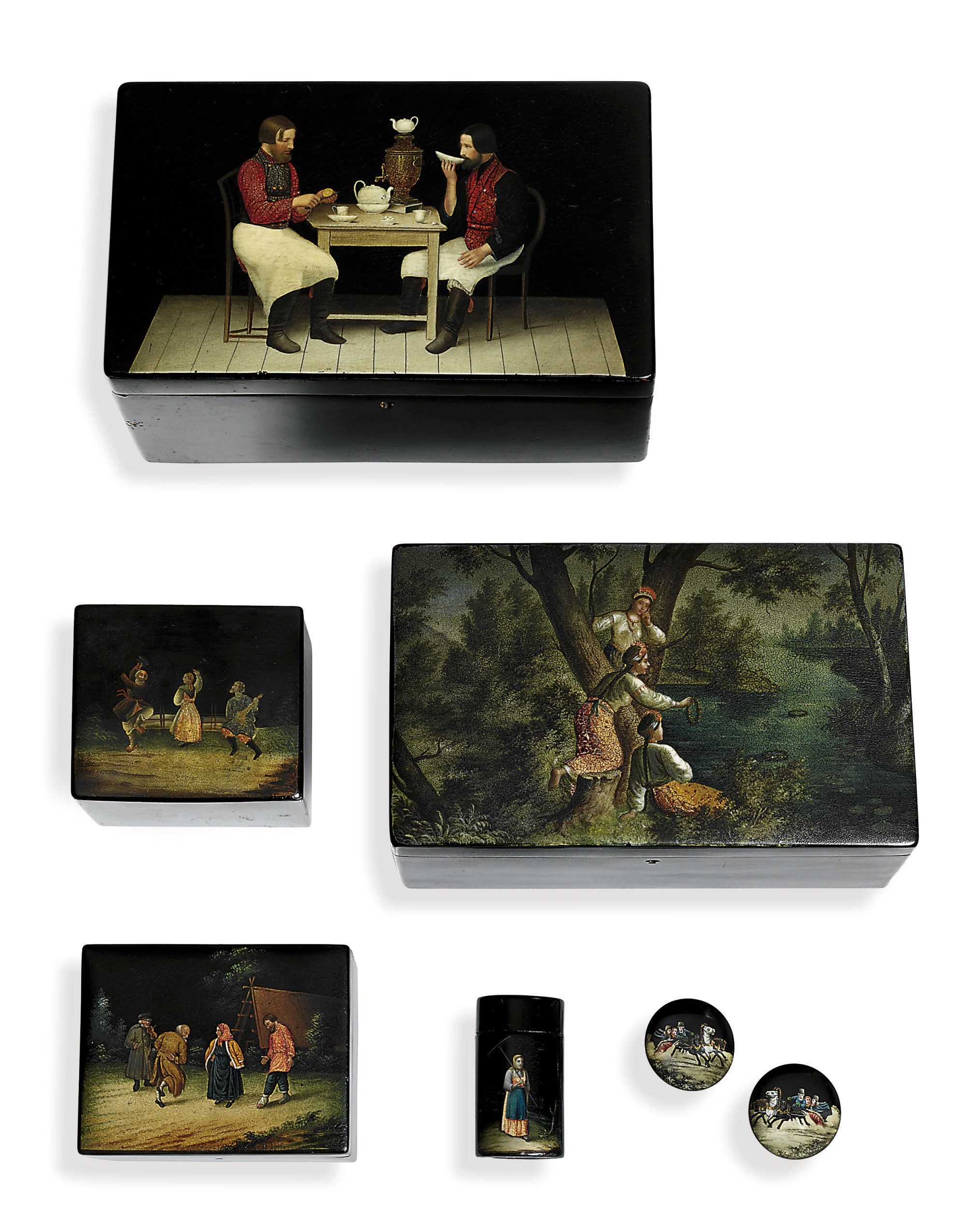 Four papier-mâché lacquer tea-caddies, a vesta-case and a pair of studs
