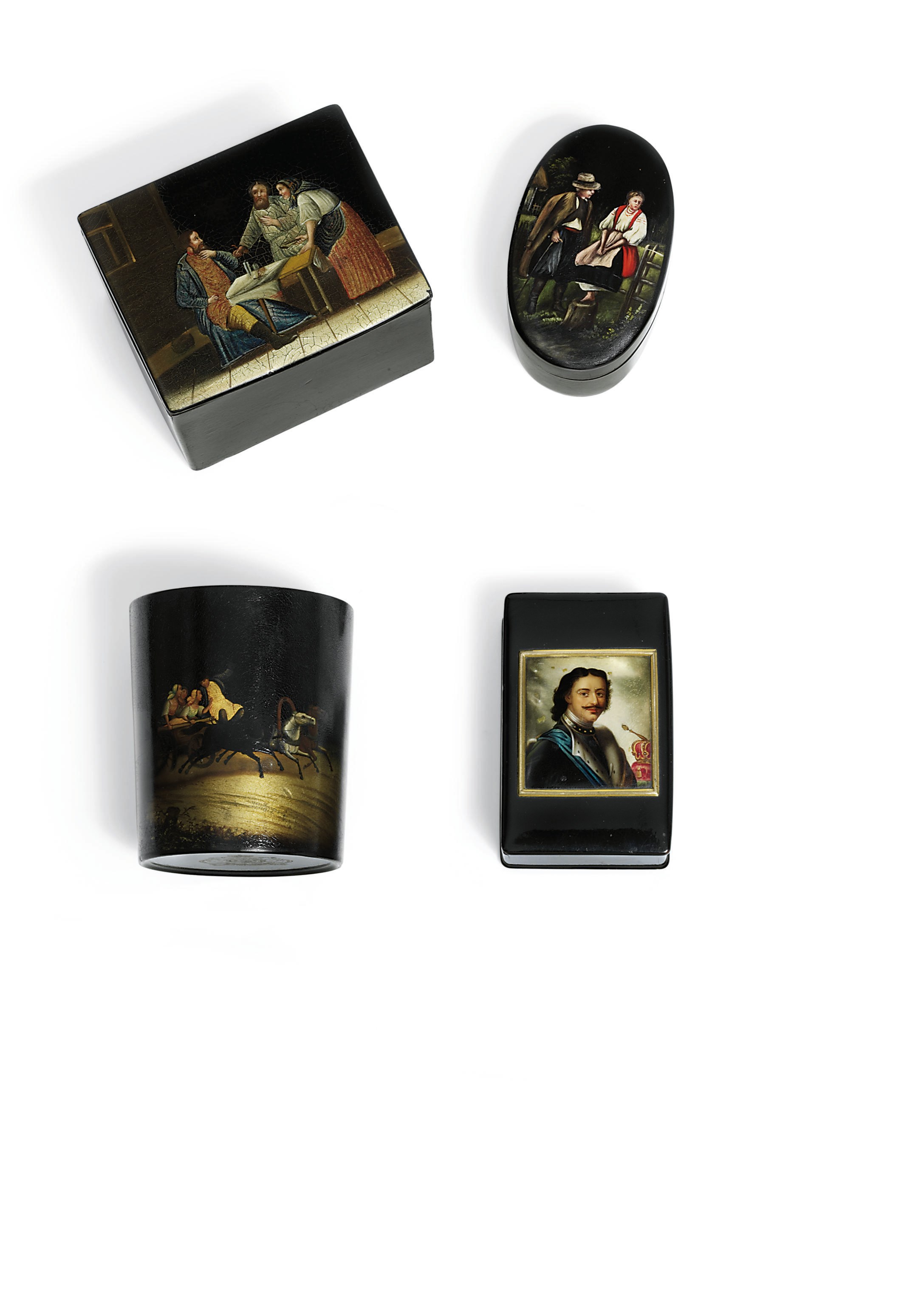 A papier-mâché lacquer snuff-boxes, a tea-caddy and a beaker