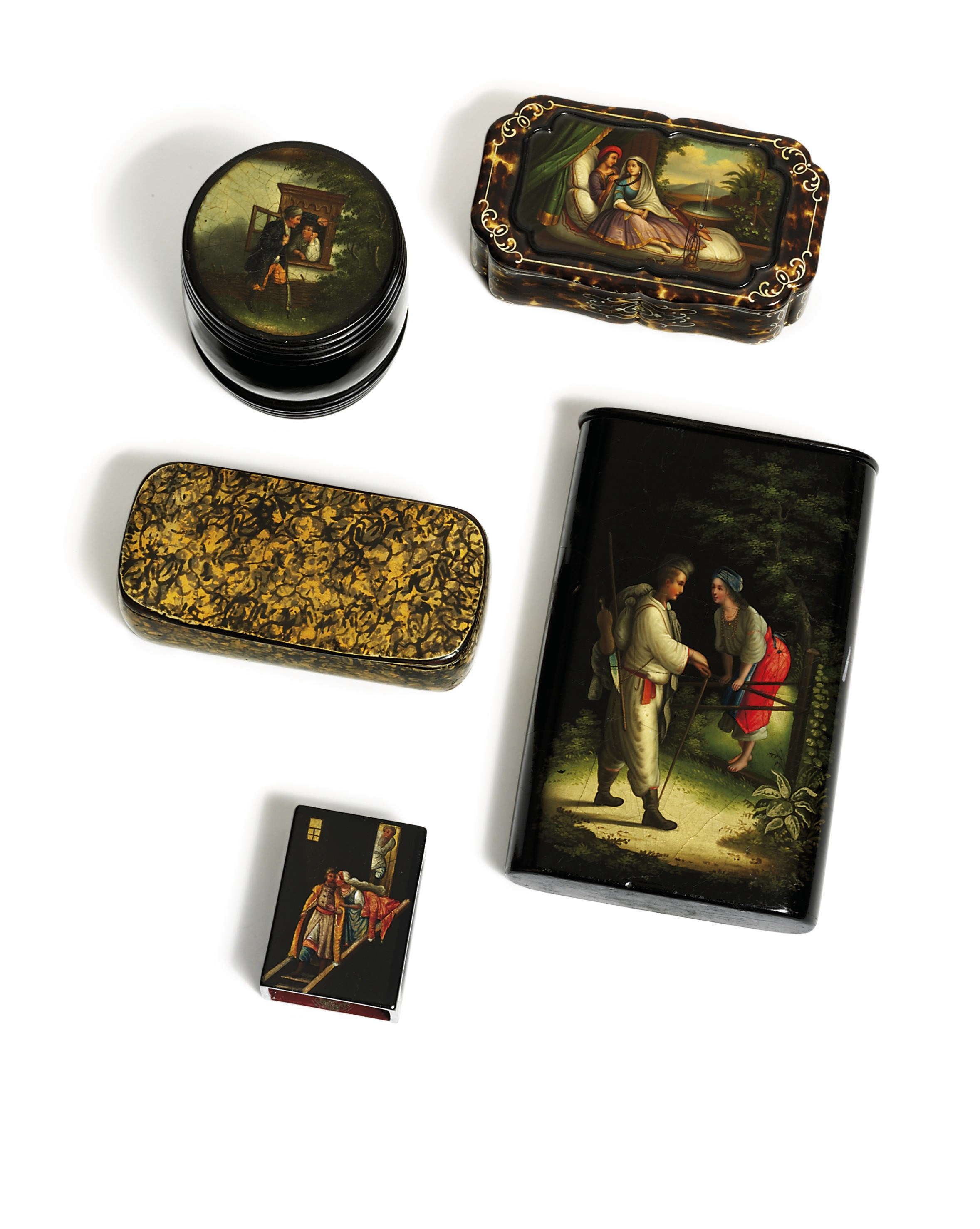 A group of papier-mâché lacquer including a snuff-box, cigar-case and vesta-case