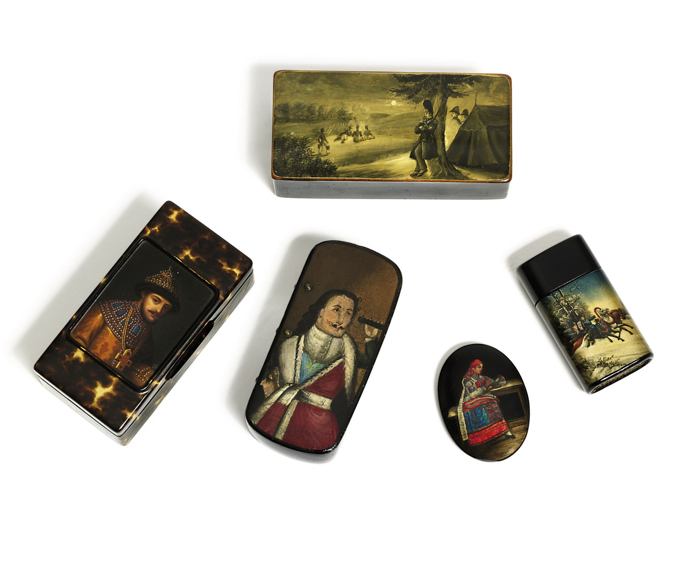 A group of papier-mâché lacquer including three rare snuff-boxes