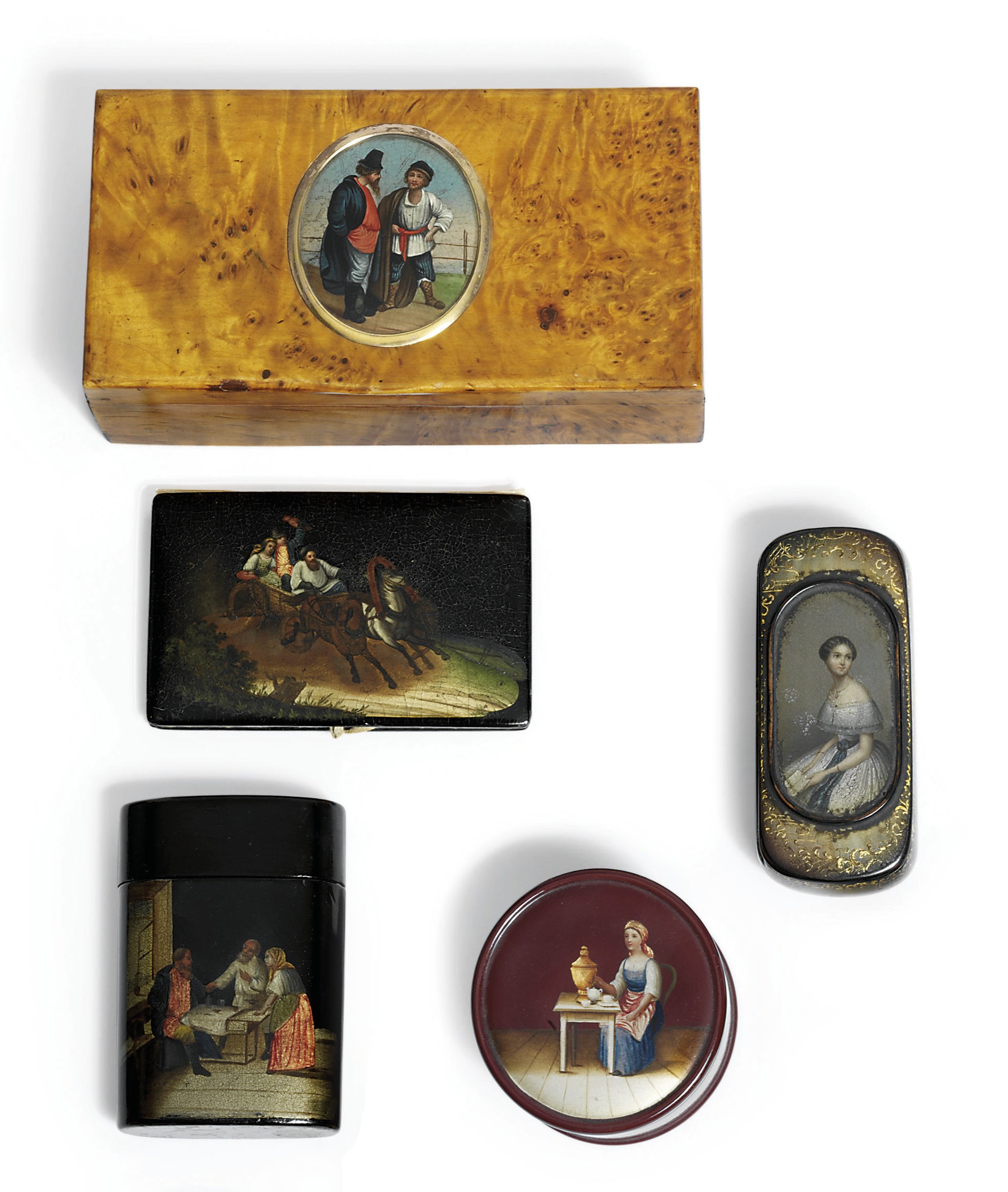 A group of papier mâché lacquer including a rare snuff-box and a birchwood cigarette-box