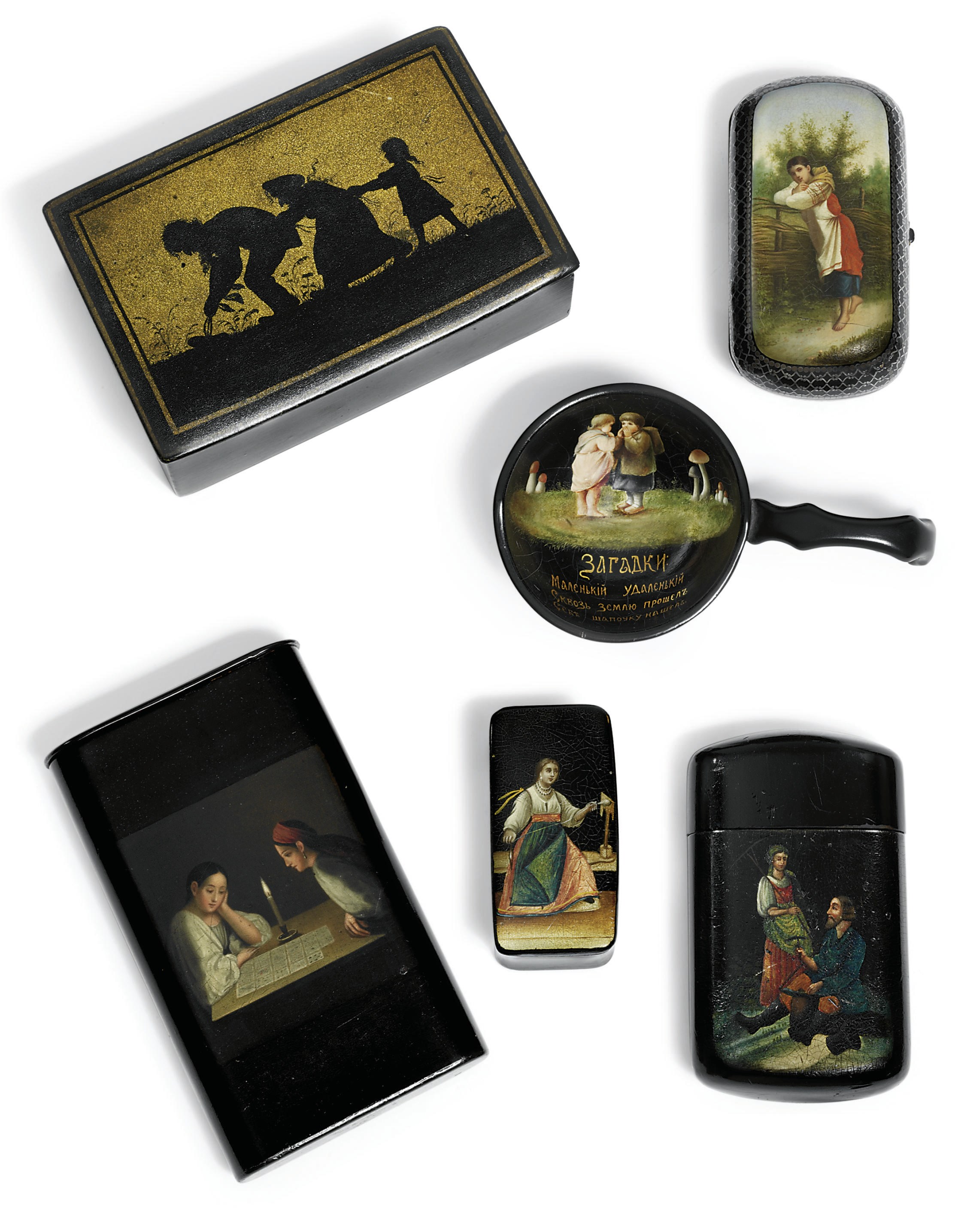 A group of papier-mâché lacquer including a piqué snuff-box and a kovsh