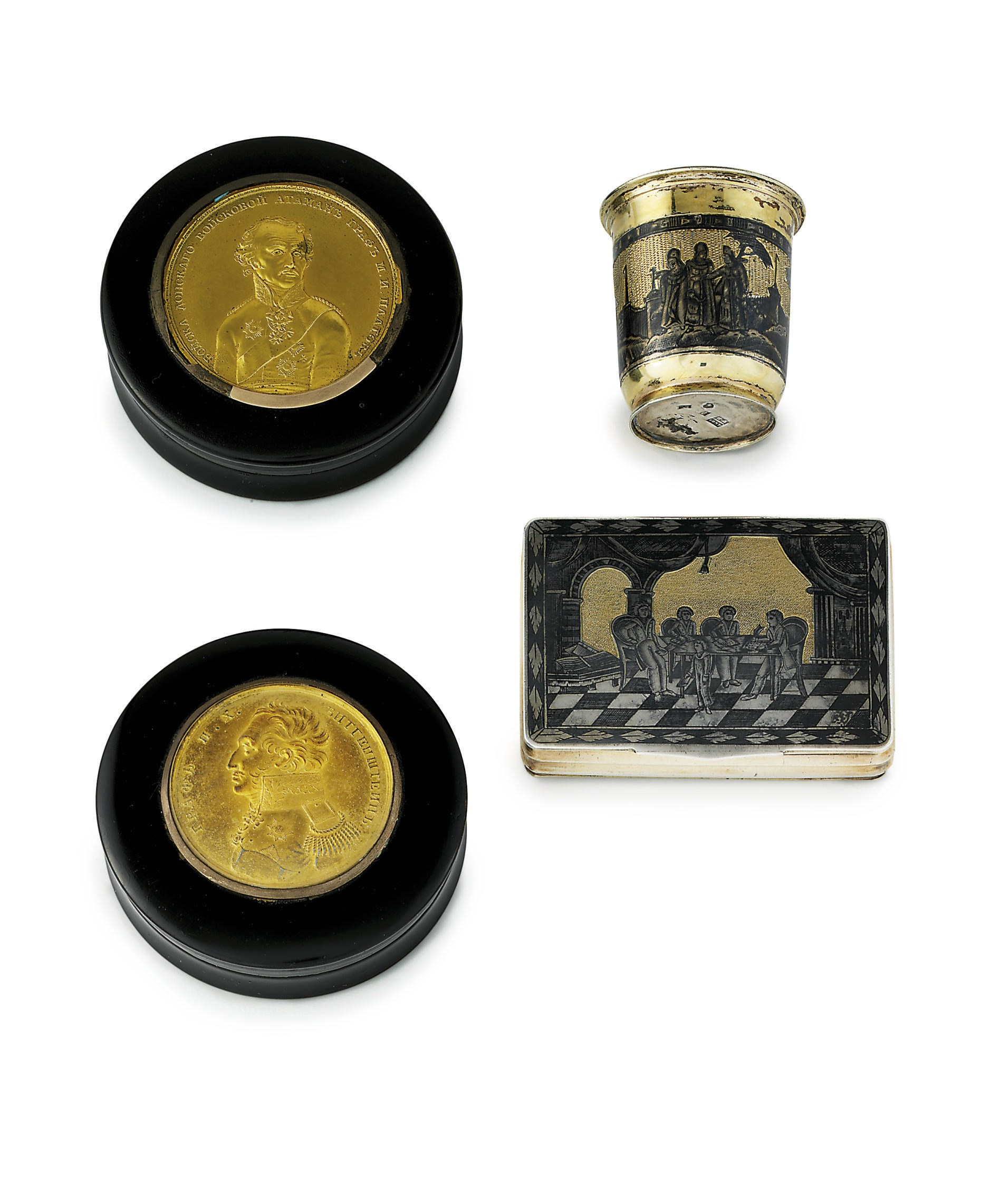 A parcel-gilt niello snuff-box and beaker and pair of  papier-mâché boxes