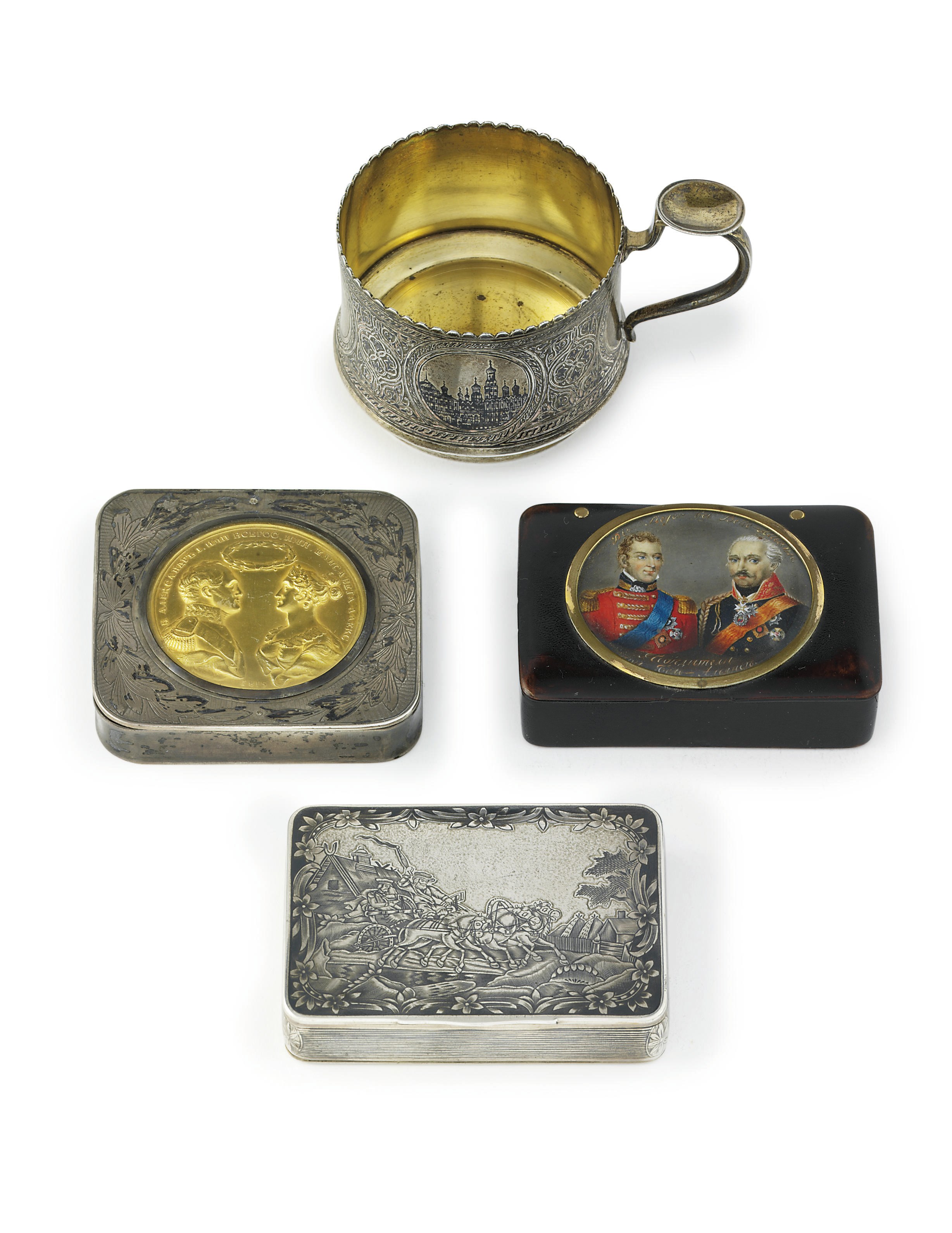 A group of niello and a papier-mâché snuff-box