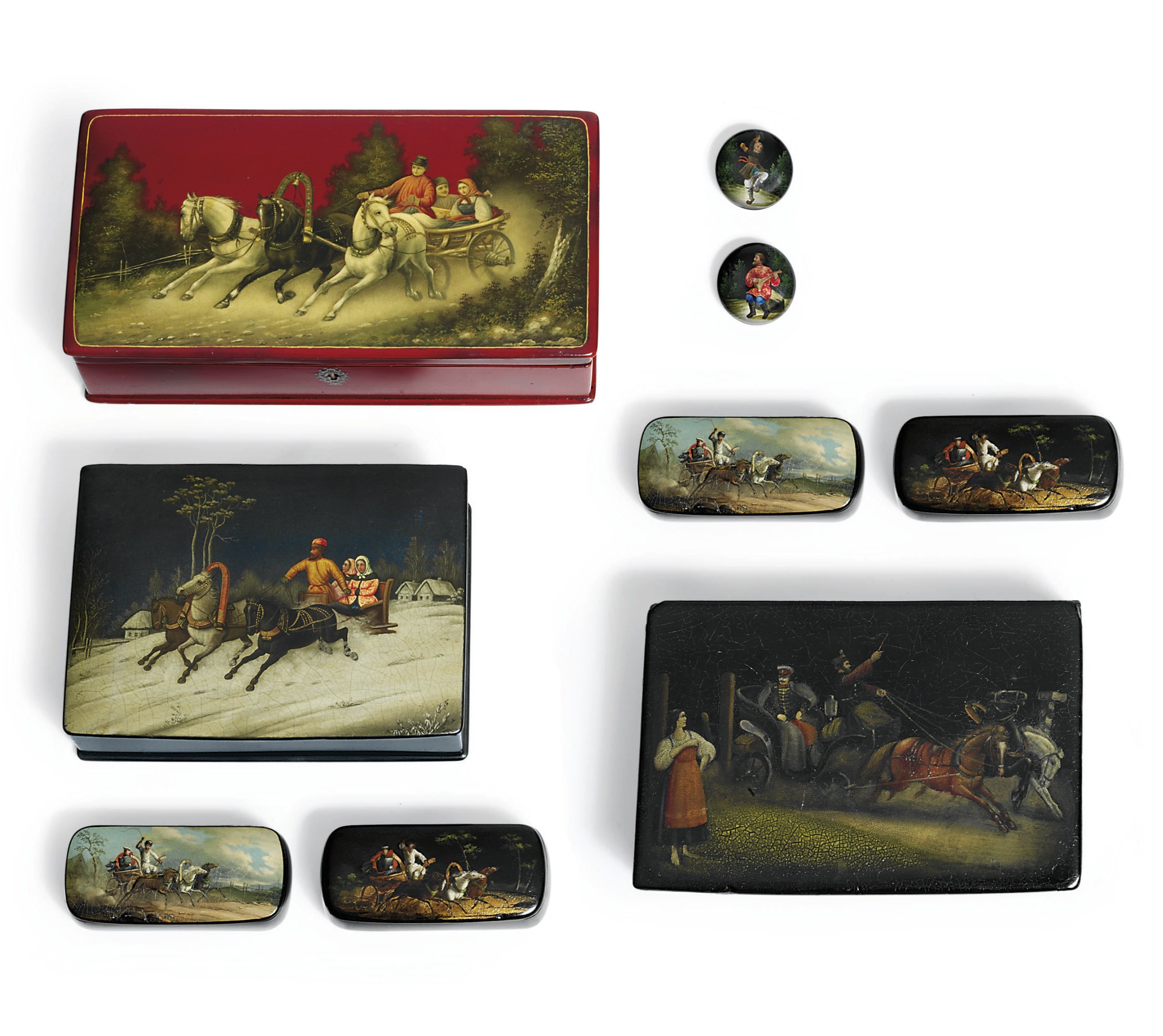 A group of papier-mâché boxes and pair of studs