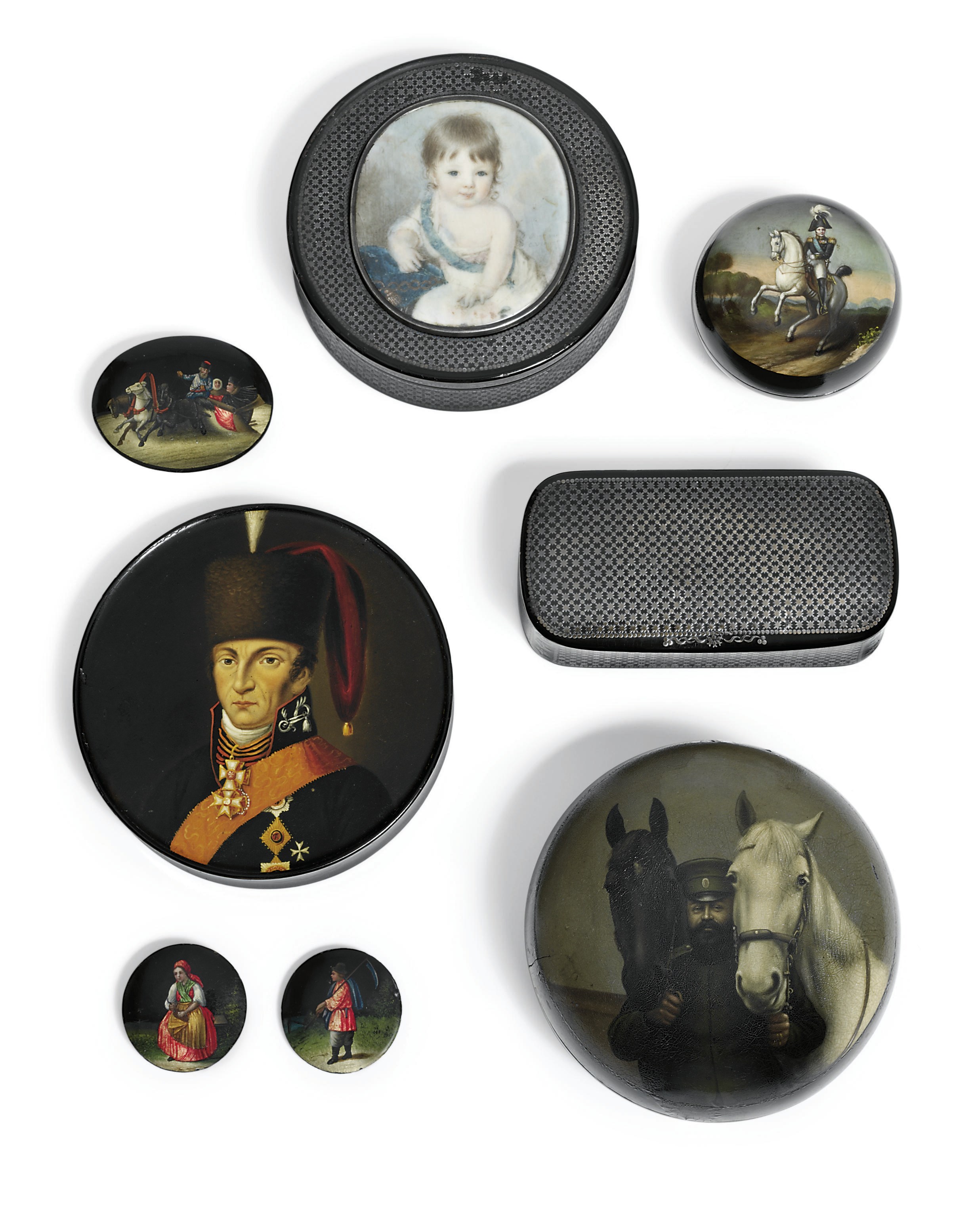 A group of papier mâché and lacquer including a portrait miniature box