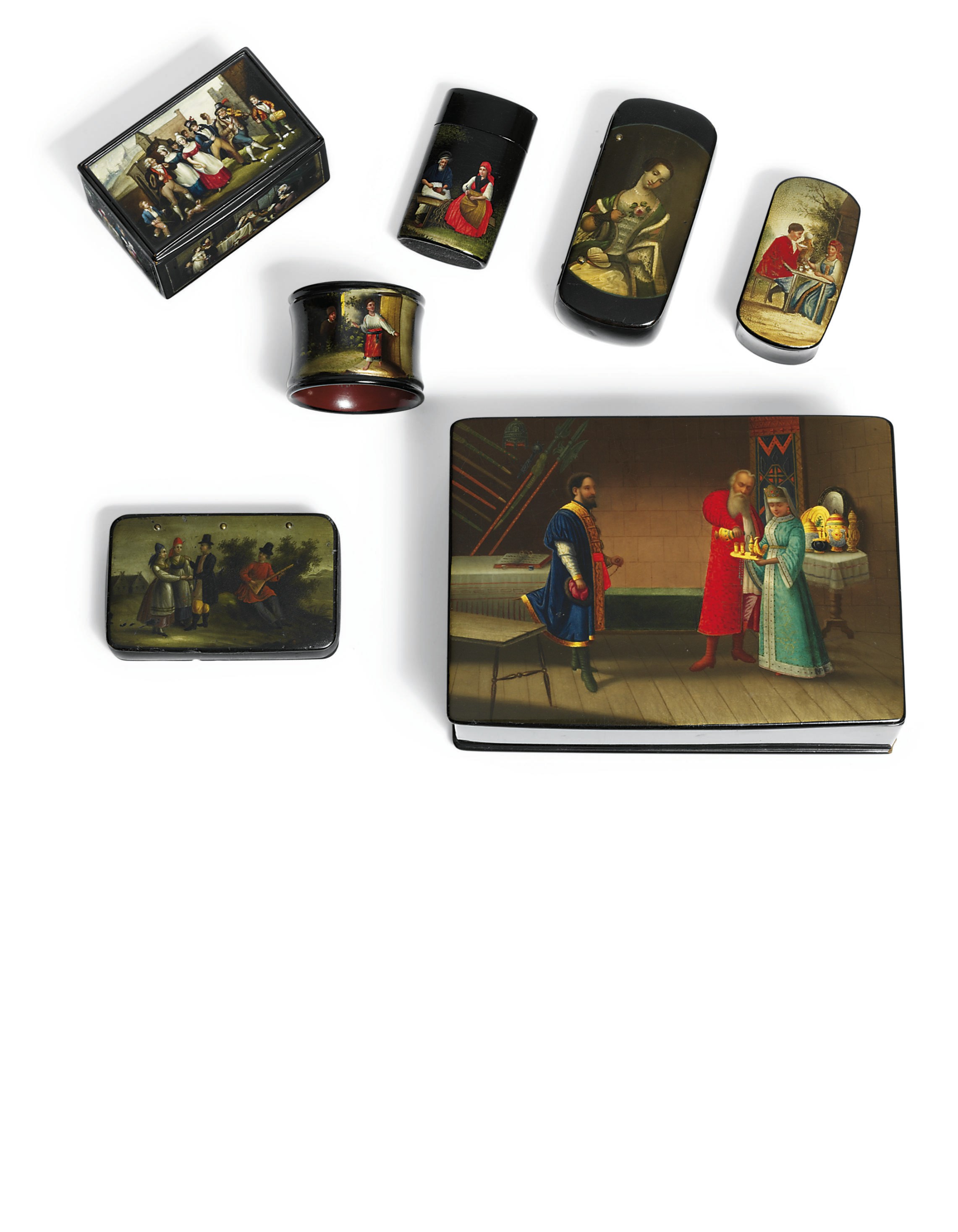 A group of papier-mâché lacquer including an important mother-of-pearl  snuff-box