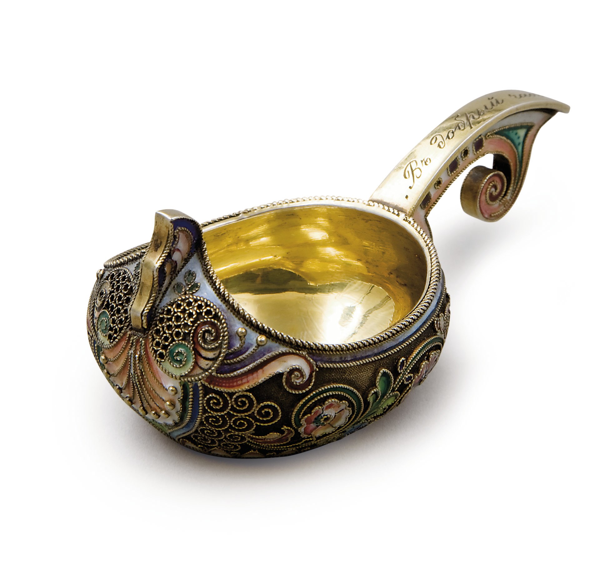 A small silver-gilt and cloisonné enamel kovsh